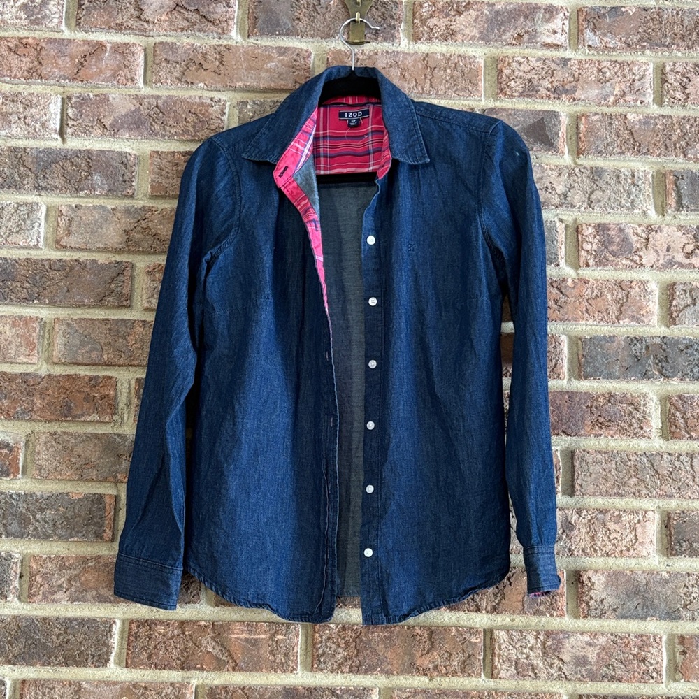 Izod Blue Denim Shirt with Red Plaid Interior